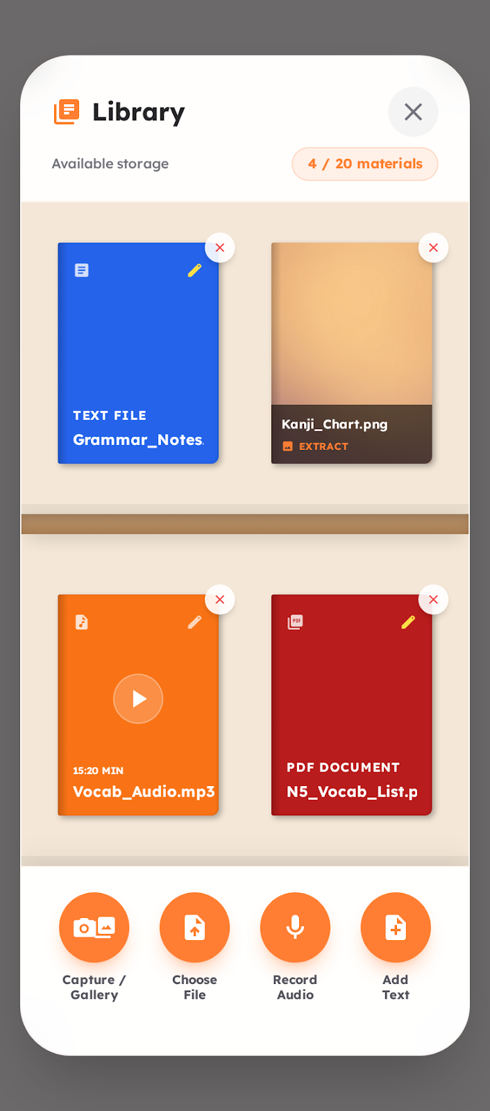 Materials library screen